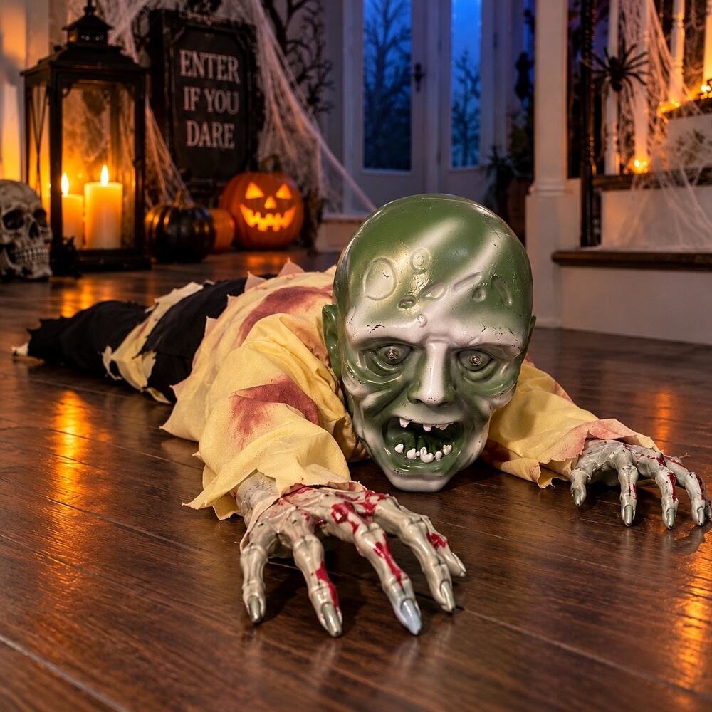 Crawling Zombie Halloween Animatronic Motion Activated Light Up Sound 43"